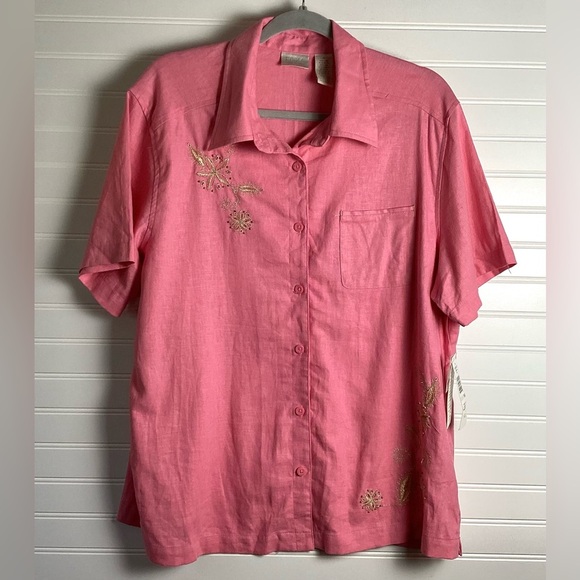 Erika Woman NWT Linen Blend Short Sleeve Button Down Shirt Size 1X  pink - Picture 1 of 8